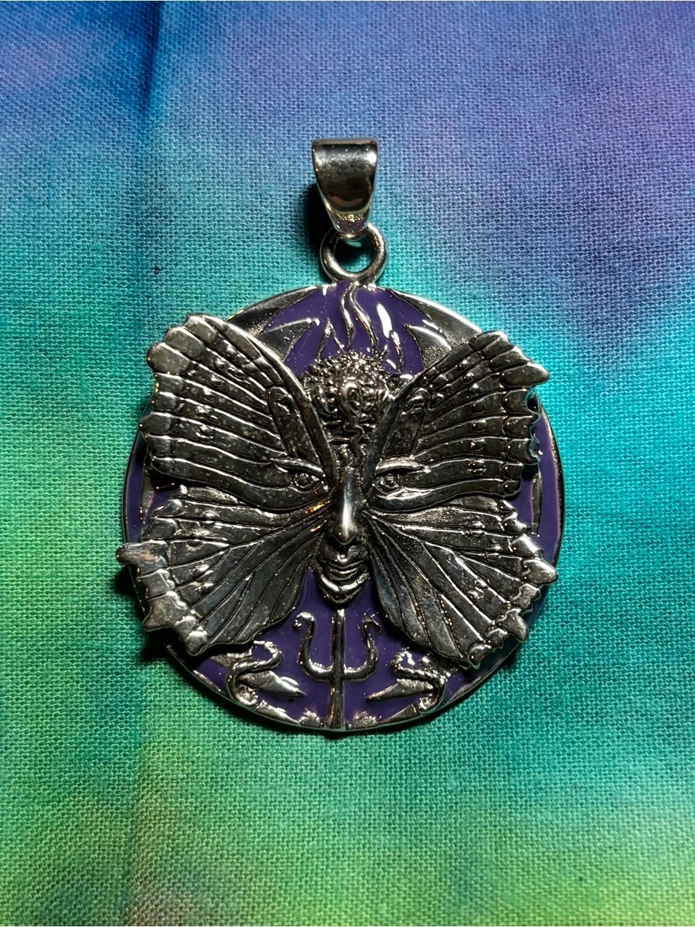 .925 Silver Moth Face Pendant in Purple Enamel